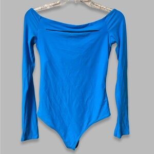 ALIX NYC Blue Cut Out Long Sleeve Stretchy Shelf Bra Bodysuit Size Medium EUC